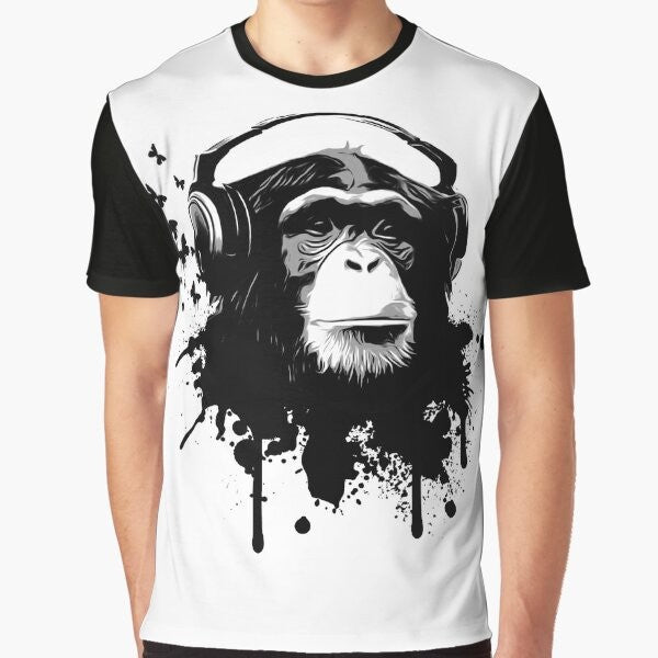 Monkey Business graphic t-shirt featuring a chimpanzee wearing headphones with a splash of butterflies and graffiti-style graphics