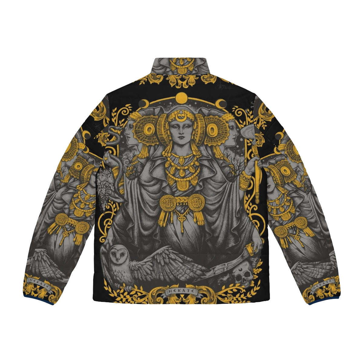 Iberian Hecate Gray Puffer Jacket featuring the iconic Lady of Elche and Hecate symbolism - Back