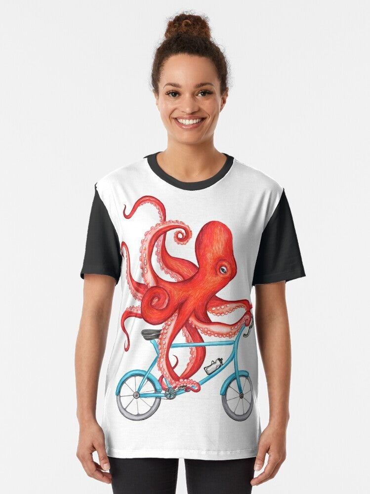 Illustration of a cycling octopus on a graphic t-shirt for cyclists - Women