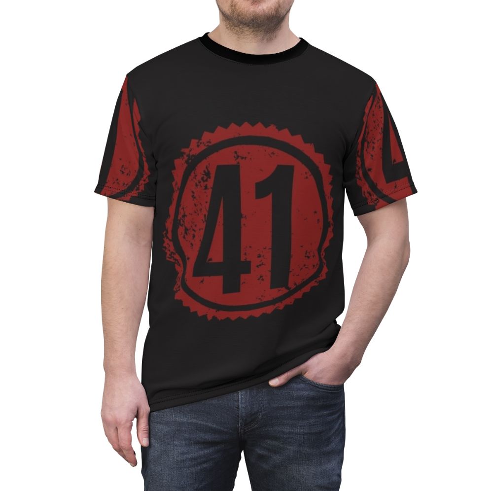 Distressed red t-shirt featuring a Dave Matthews Band inspired design - men front