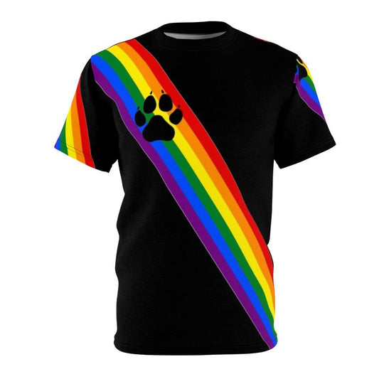 Rainbow-colored t-shirt with a playful puppy design, perfect for LGBTQ+ pride and role-play activities.