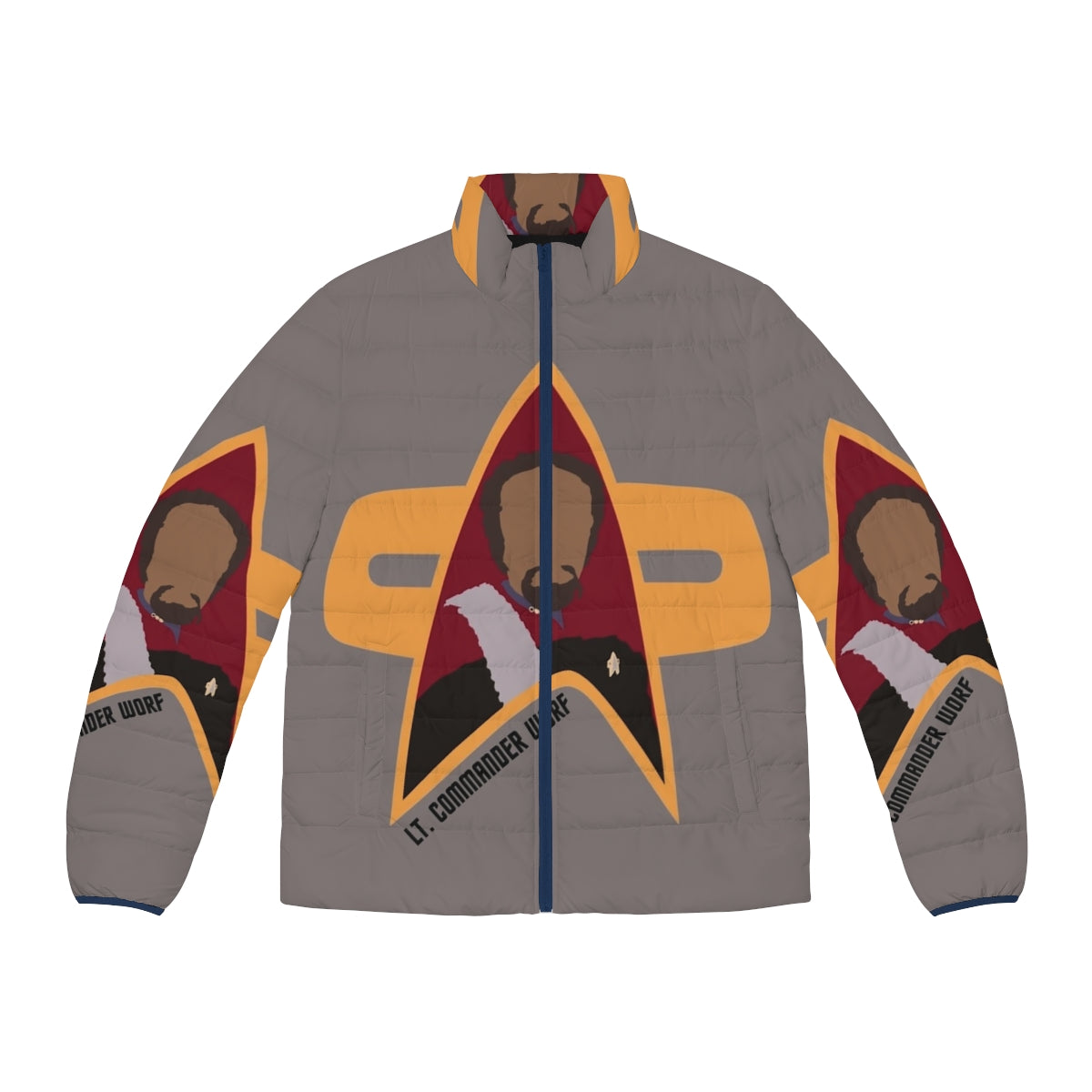 Lieutenant Commander Worf wearing a Star Trek: Deep Space Nine puffer jacket