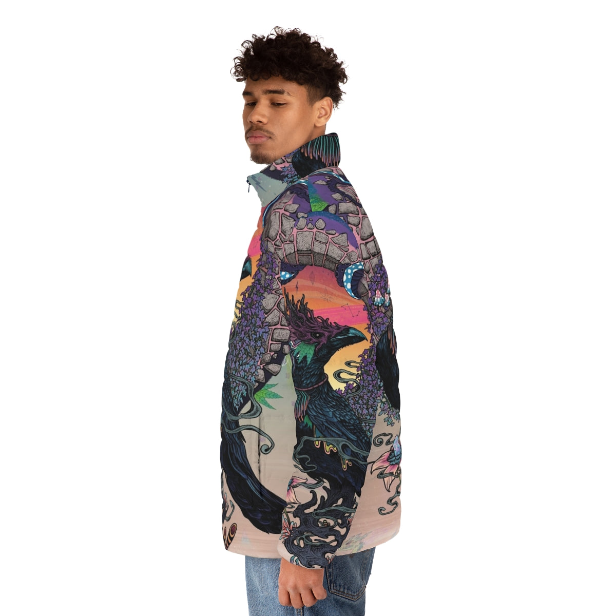 Puffer jacket featuring a mystical, psychedelic design of a raven or crow bird and cannabis leaves - men side left