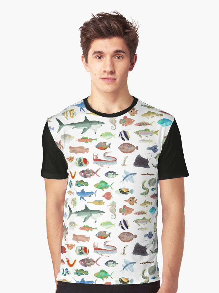 One Hundred Fish Graphic T-Shirt featuring a vibrant marine life design with sharks, whale sharks, and other ocean creatures - Men