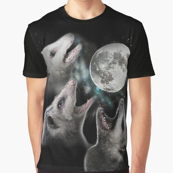 Illustration of a possum howling at the moon on a space-themed graphic t-shirt