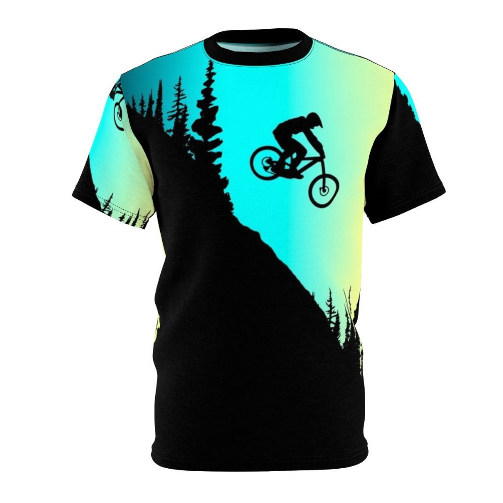 Colorful AOP t-shirt design featuring mountain biking silhouettes