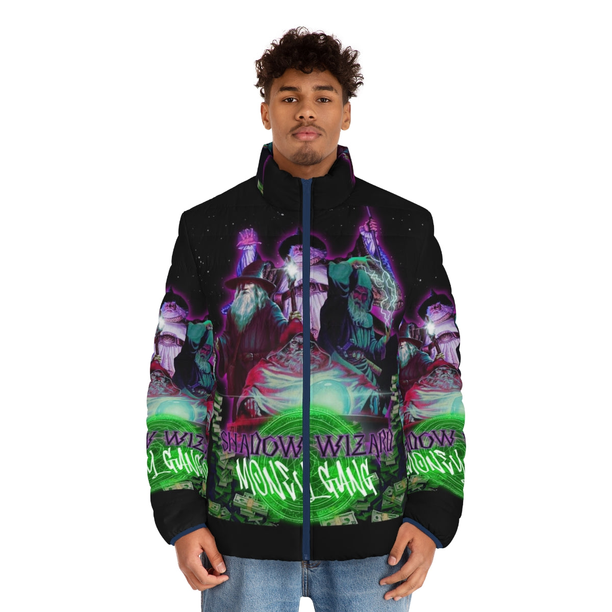 Shadow Wizard Money Gang Puffer Jacket with Streetwear Design - men front