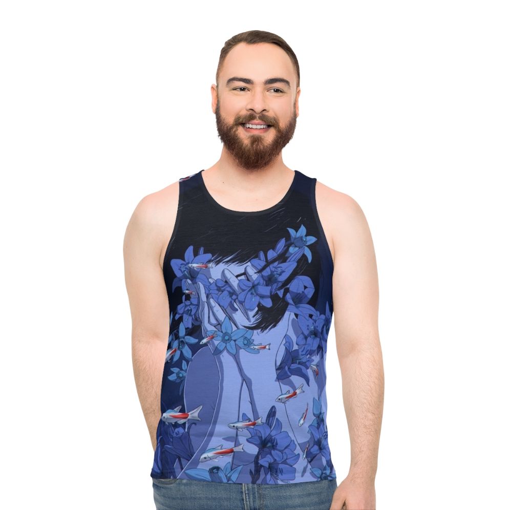 Retro anime-inspired unisex blue tank top - men