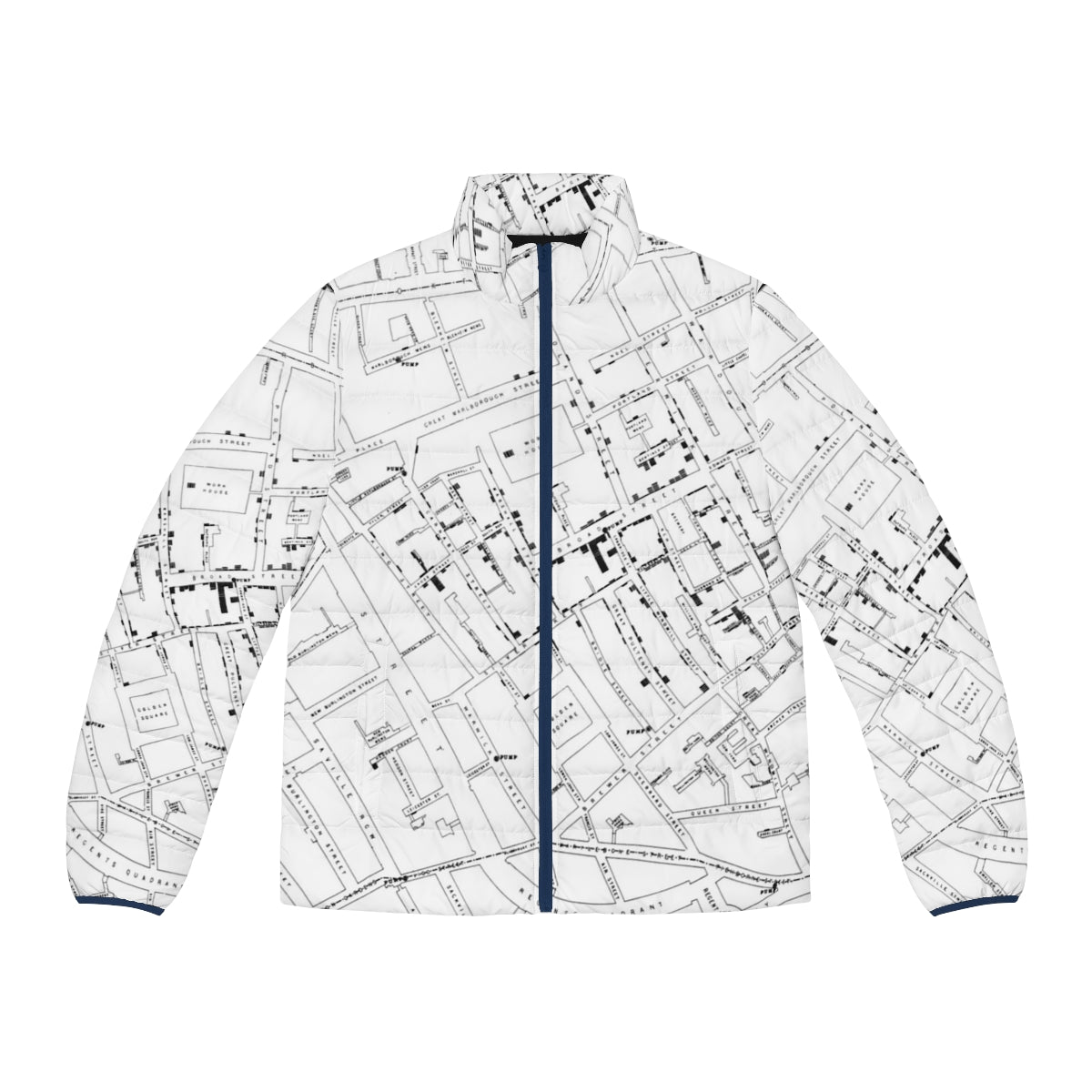 John Snow's Cholera Map Puffer Jacket featuring historic epidemiology and the Broad Street pump in Victorian London