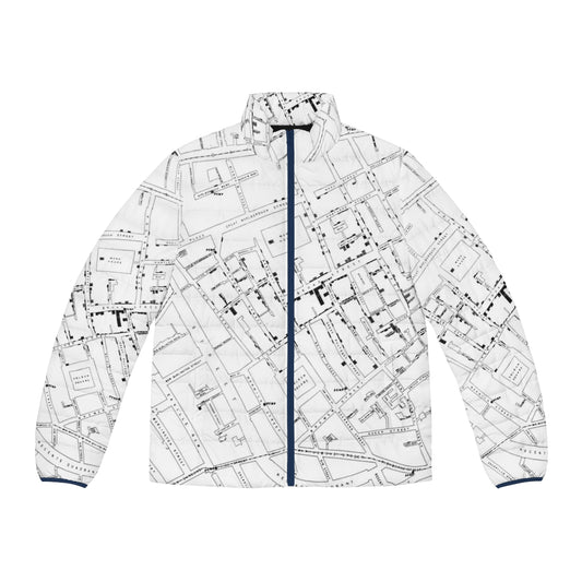 John Snow's Cholera Map Puffer Jacket featuring historic epidemiology and the Broad Street pump in Victorian London