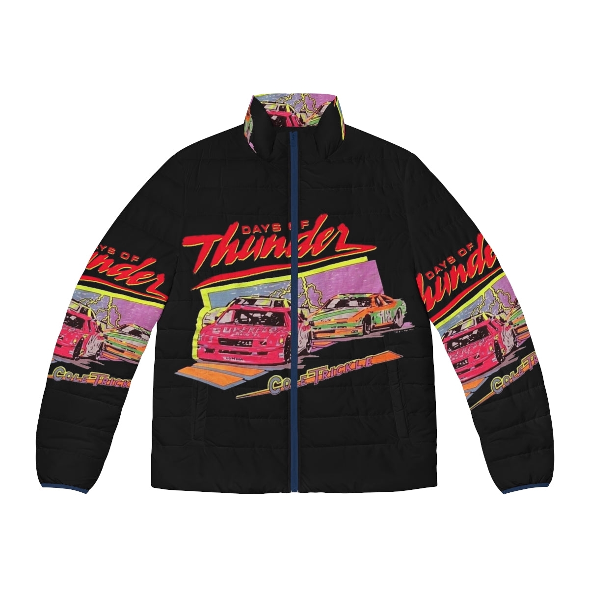 Vintage "Days of Thunder" puffer jacket featuring Tom Cruise's character from the classic NASCAR film