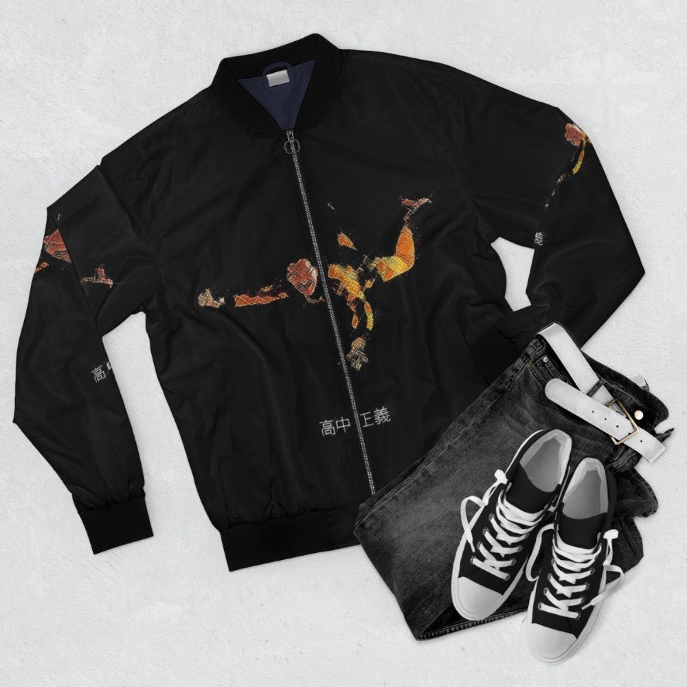 Masayoshi Takanaka 80s bomber jacket featuring the album cover art for "All of Me" - Flat lay