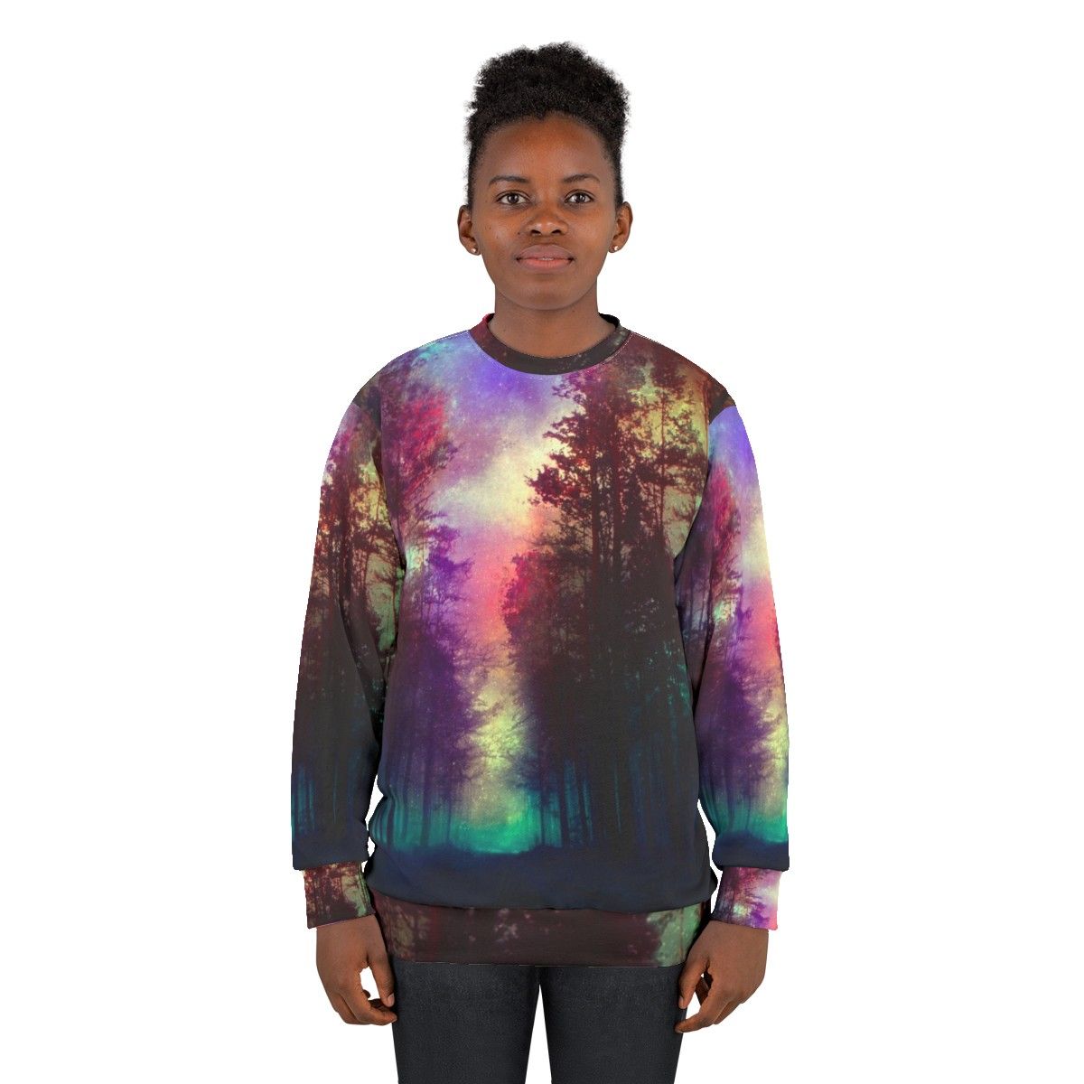 Magical forest sweatshirt featuring a scenic landscape design - women