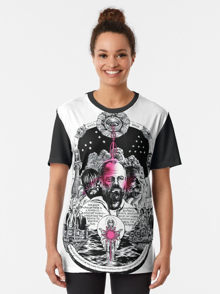 Monochrome graphic t-shirt featuring the VALIS system from the works of Philip K. Dick - Women