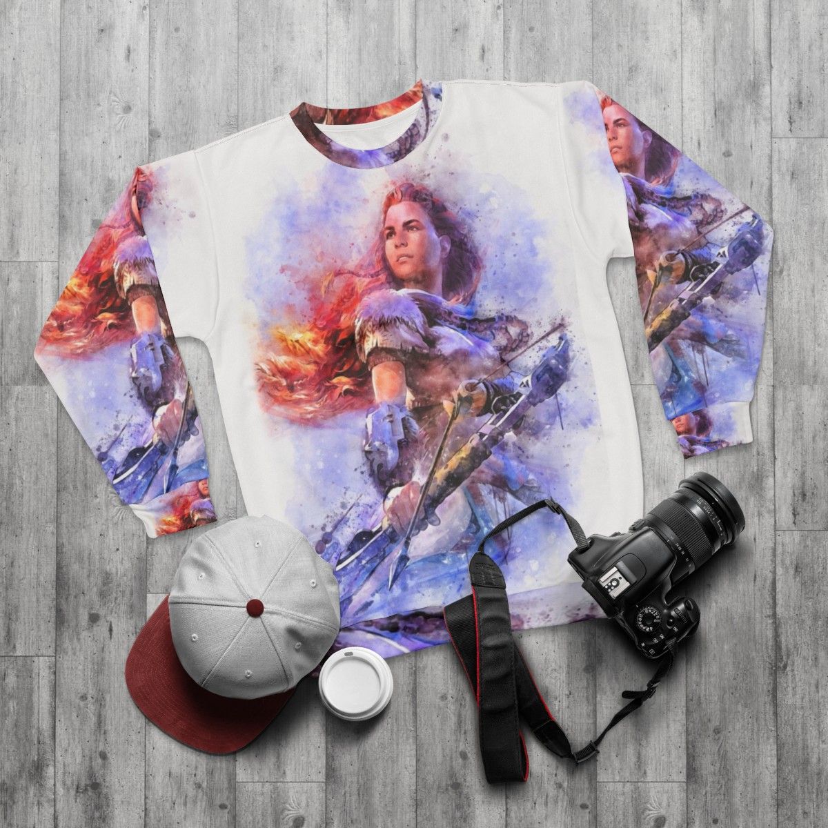 Aloy Watercolor Sweatshirt - Horizon Zero Dawn Gaming Apparel - flat lay