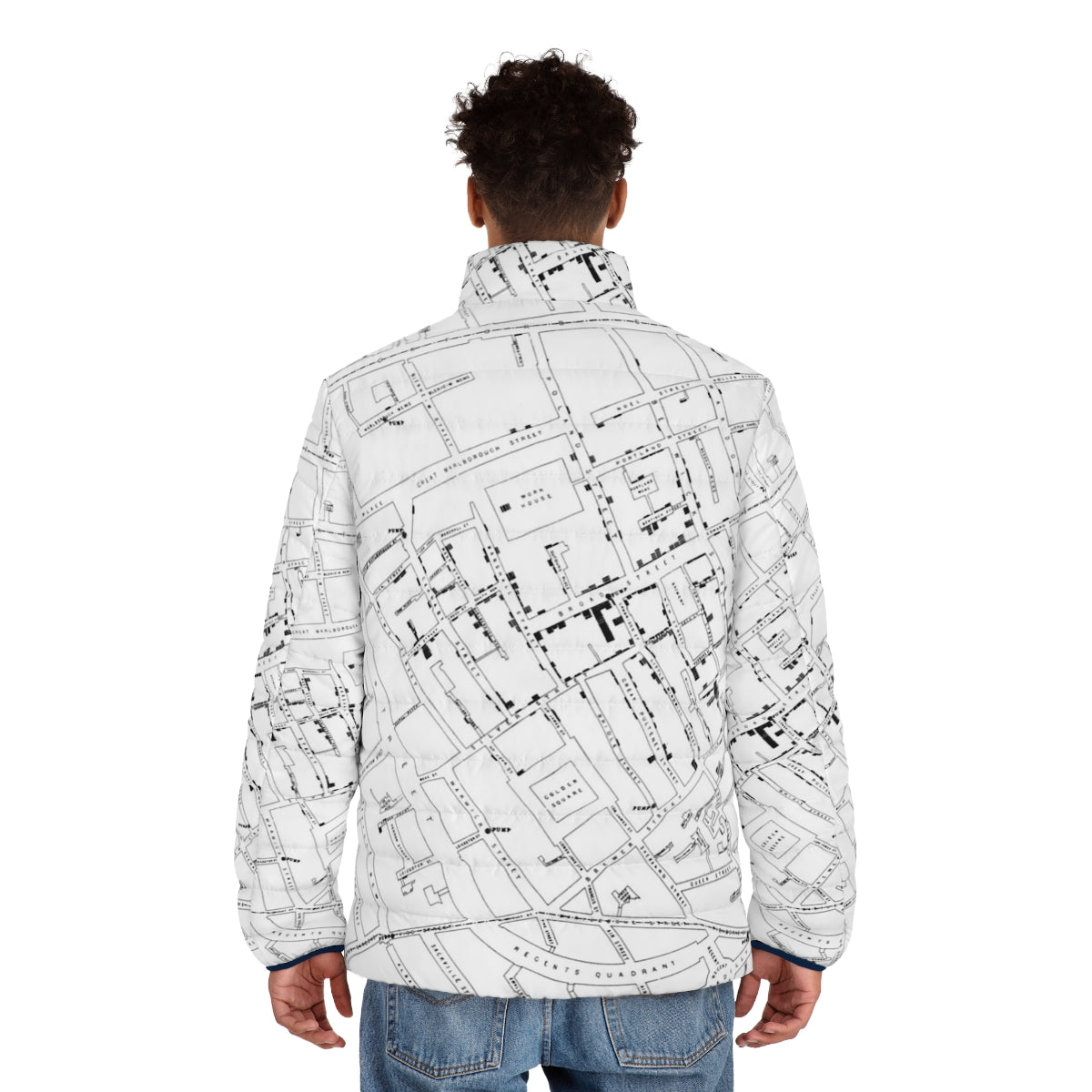 John Snow's Cholera Map Puffer Jacket featuring historic epidemiology and the Broad Street pump in Victorian London - men back