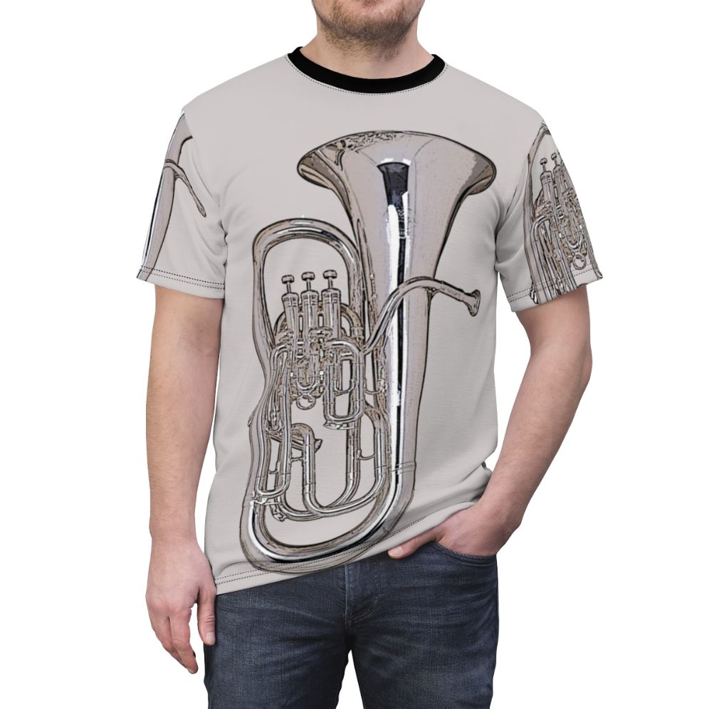 Euphonium-themed t-shirt with a bold, silver design for music enthusiasts. - men front