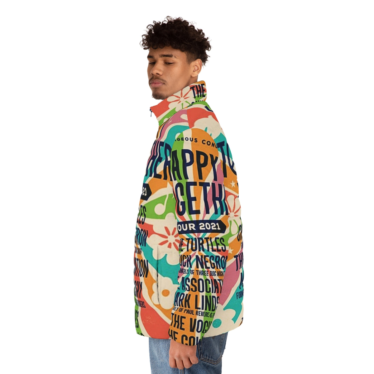 The Happy Together Tour 2021 Puffer Jacket, featuring a cozy design perfect for music festivals and outdoor adventures - men side left