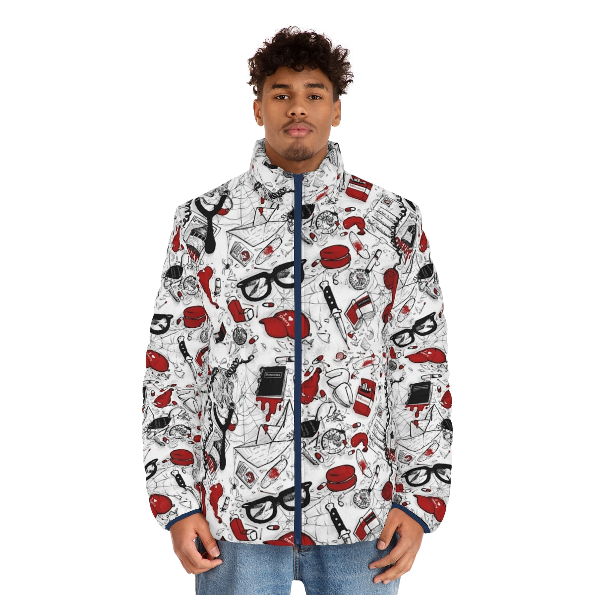 Reversible repeating pattern puffer jacket featuring characters from the IT movie franchise - men front