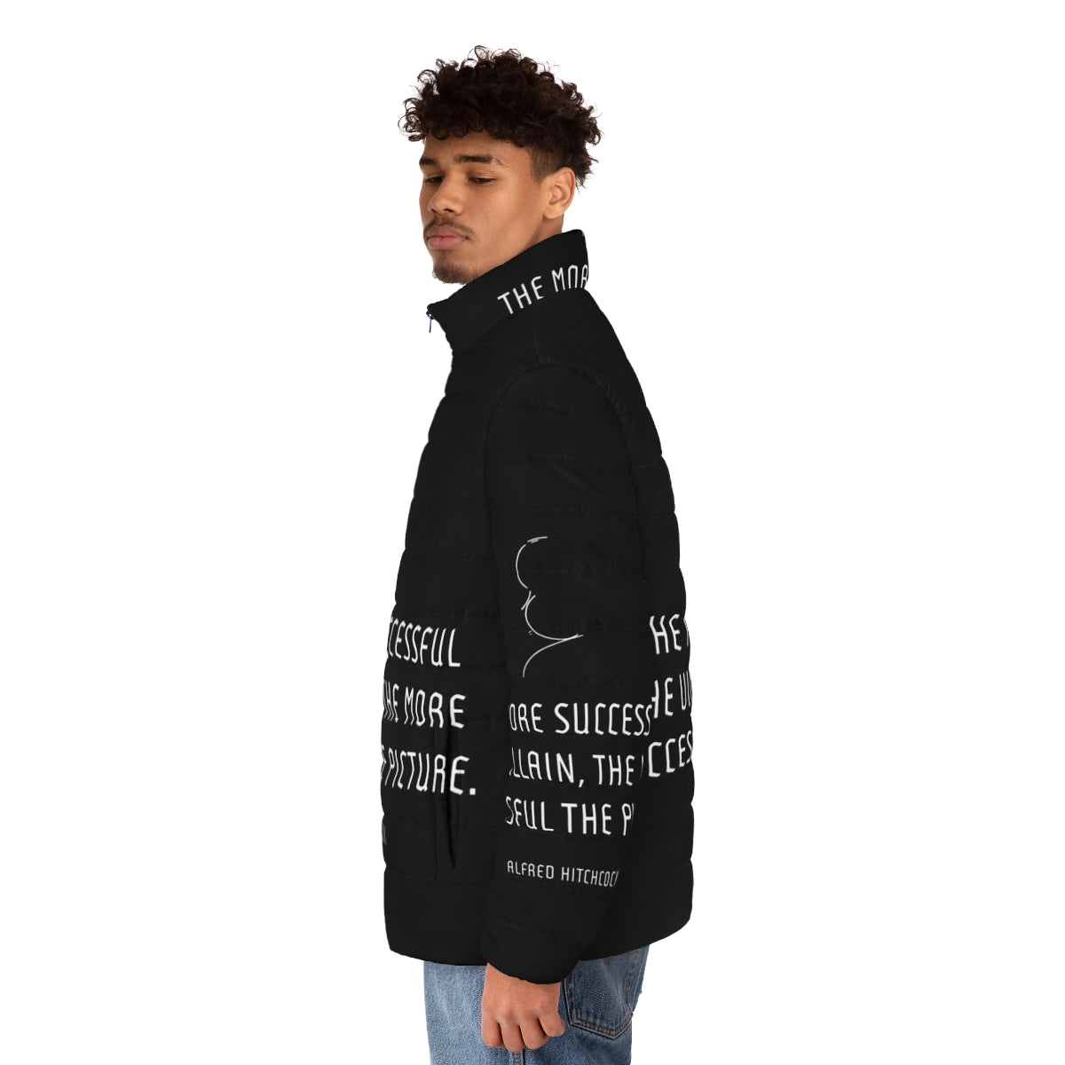 Alfred Hitchcock Villain Quote Puffer Jacket - men side left