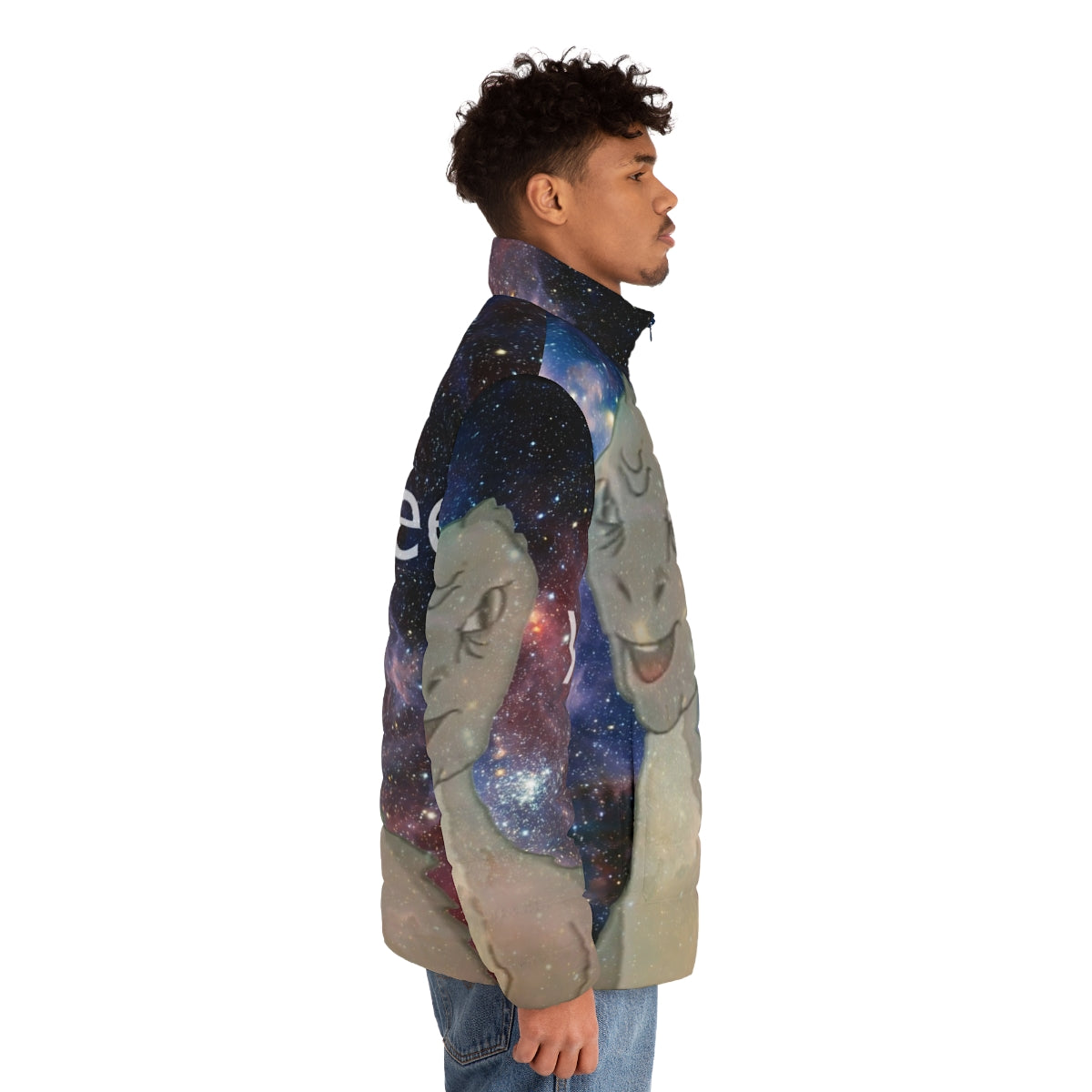 Cosmic Yee Puffer Jacket with dinosaur, nebula, and vintage meme design - men side right