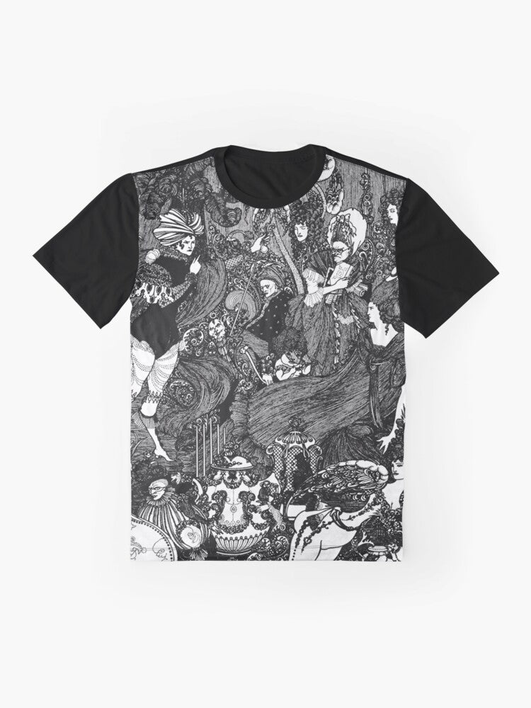 Aubrey Beardsley's "The Cave" art nouveau graphic design on a t-shirt. - Flat lay