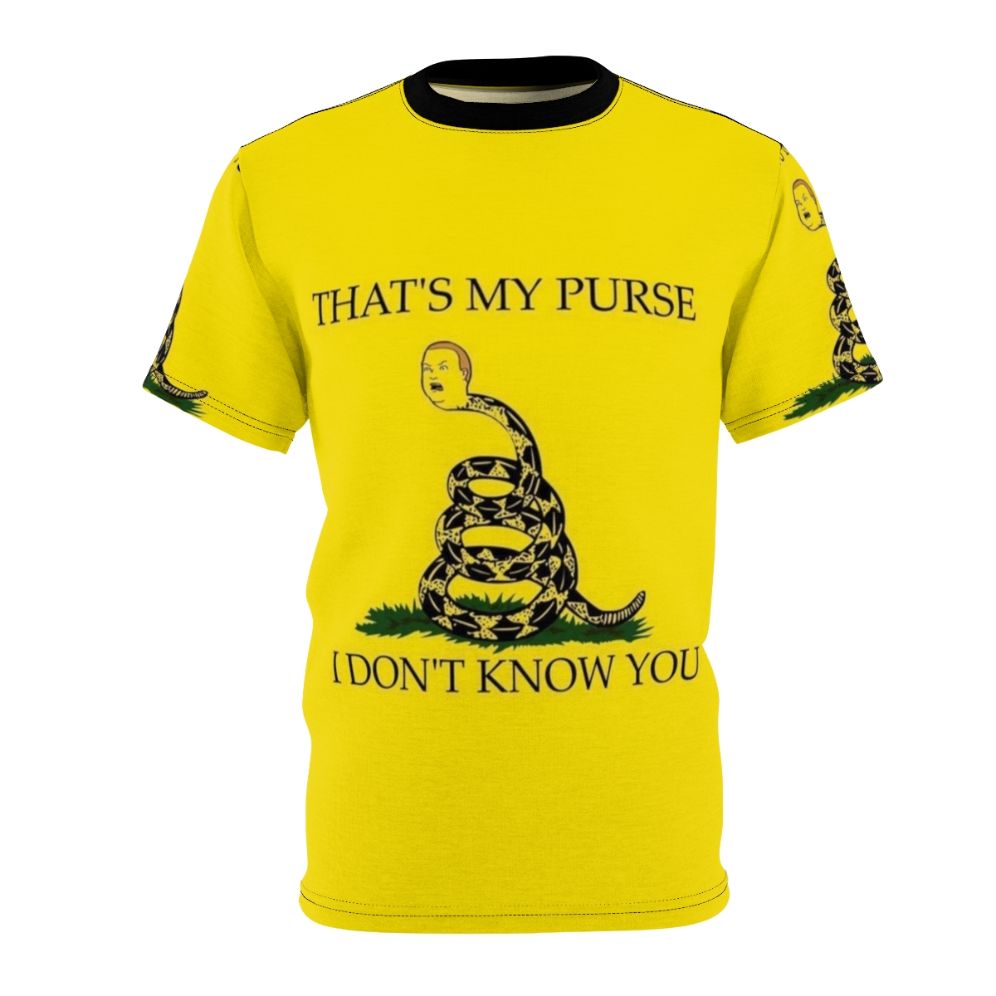 Man wearing a funny "That's My Purse, I Don't Know You" AOP t-shirt