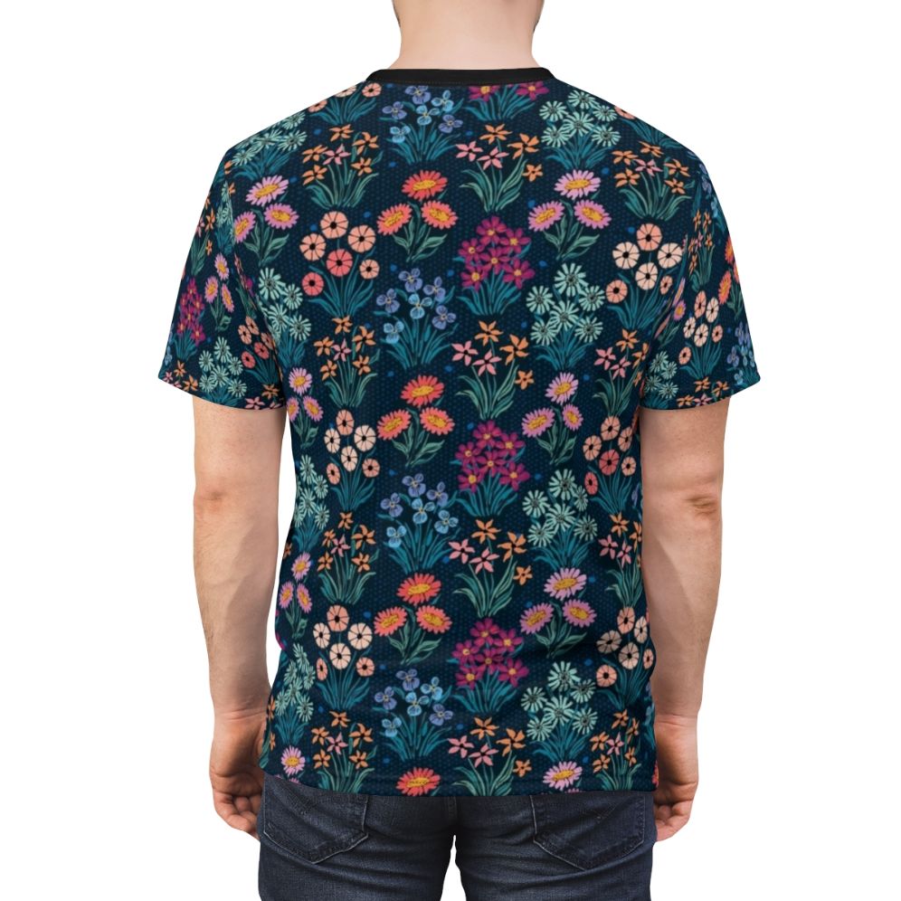 Vibrant floral pattern on a high-quality flower row t-shirt - men back