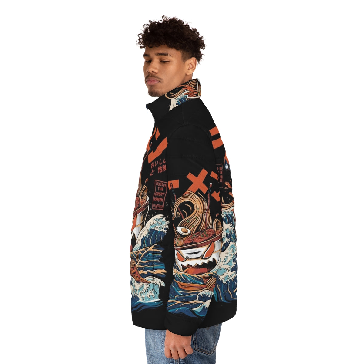 A stylish puffer jacket featuring a retro anime-inspired ramen design - men side left