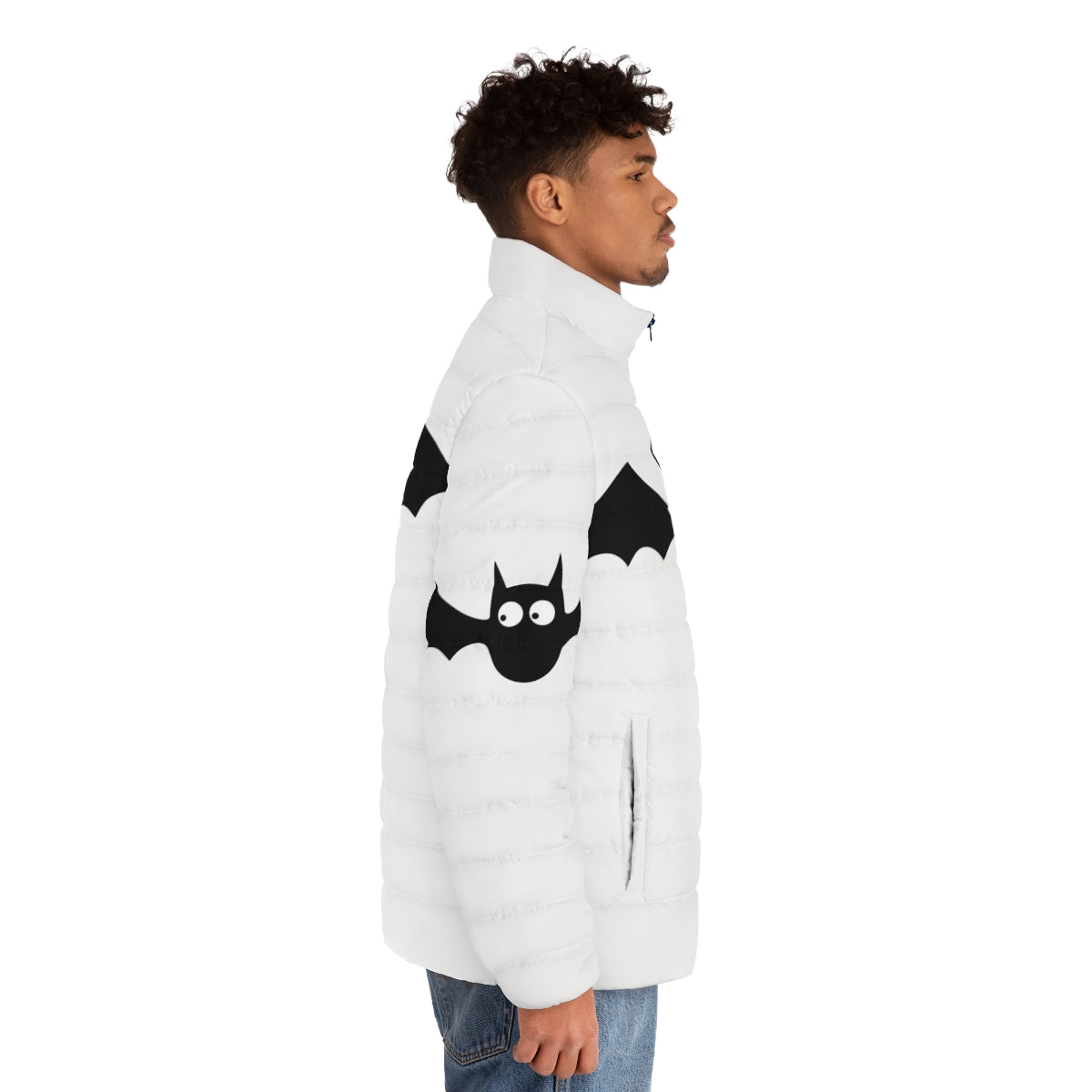 A black puffer jacket with a cute bat design, perfect for the Halloween season. - men side right