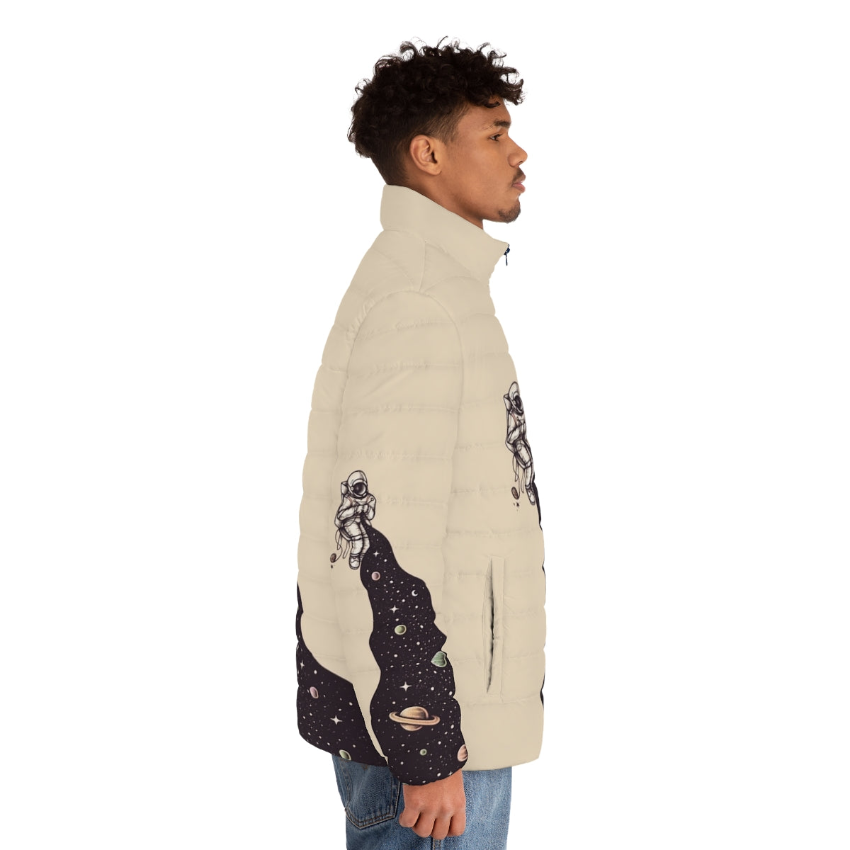 Puffer jacket with cosmic space design featuring astronauts, planets, and stars - men side right