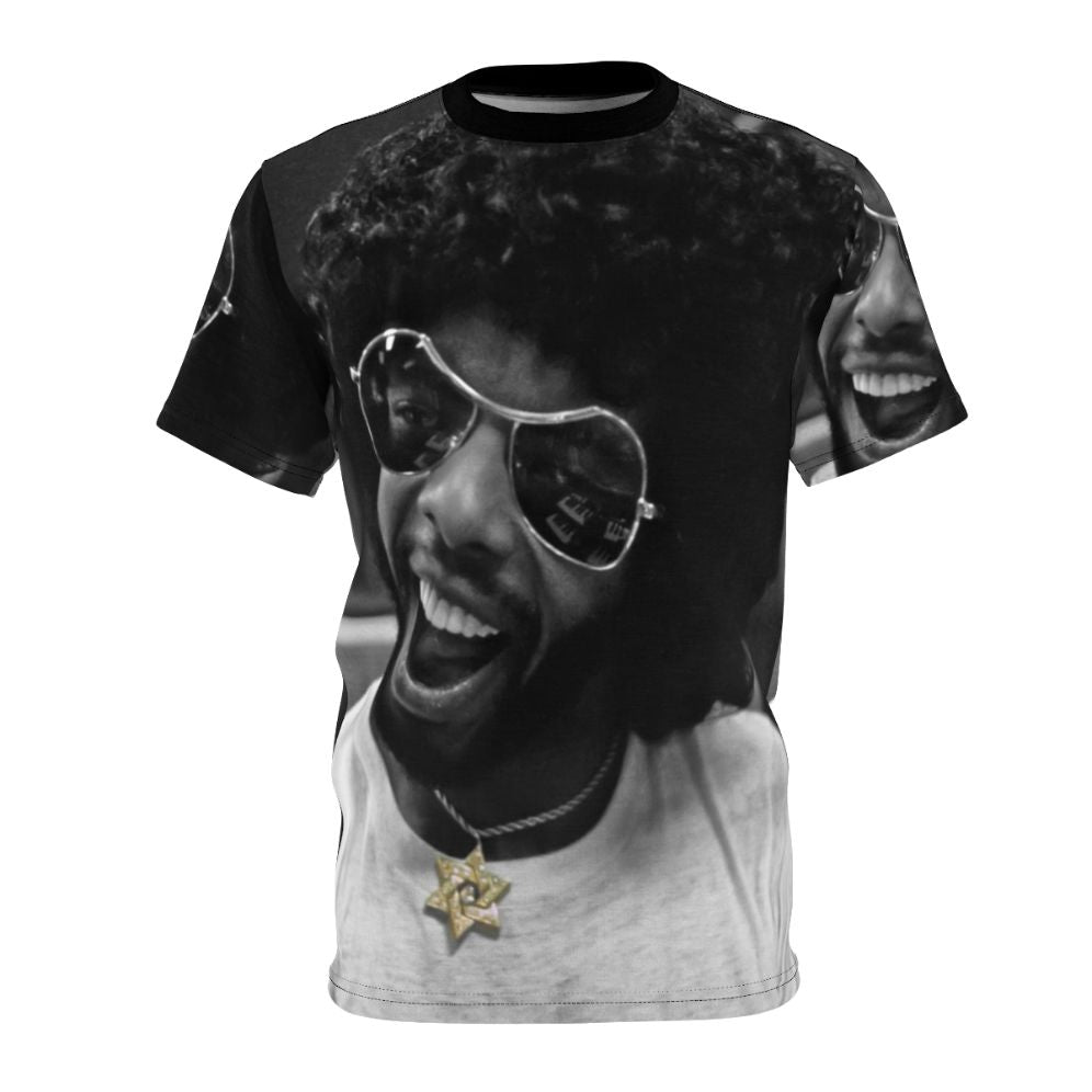 Artistic Tribute to Sly Stone's Music Studio AOP T-Shirt featuring black and white photography, selective color, and music-inspired elements