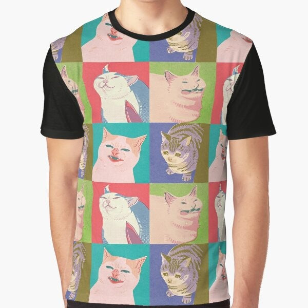 Graphic t-shirt design featuring four popular meme cats - Knife Cat, Sad Cat, Cat No Banana, and more in a pop art style.