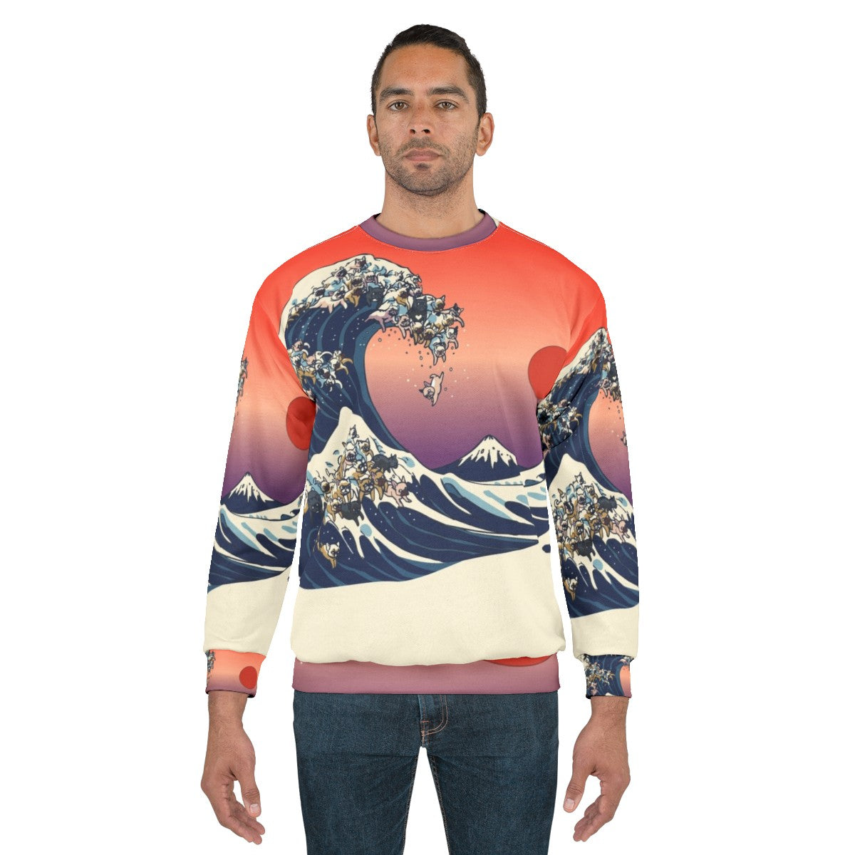 French bulldog wearing sweatshirt with Hokusai's great wave design - men