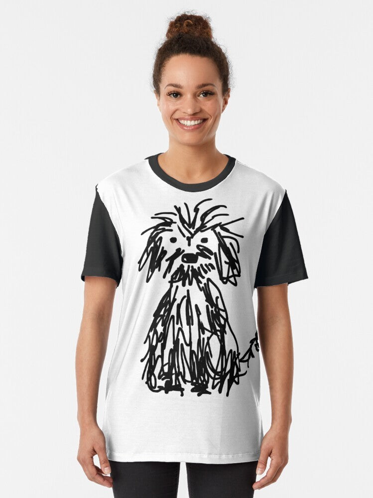 Cute shaggy black and white dog illustration on a graphic t-shirt for kids - Women