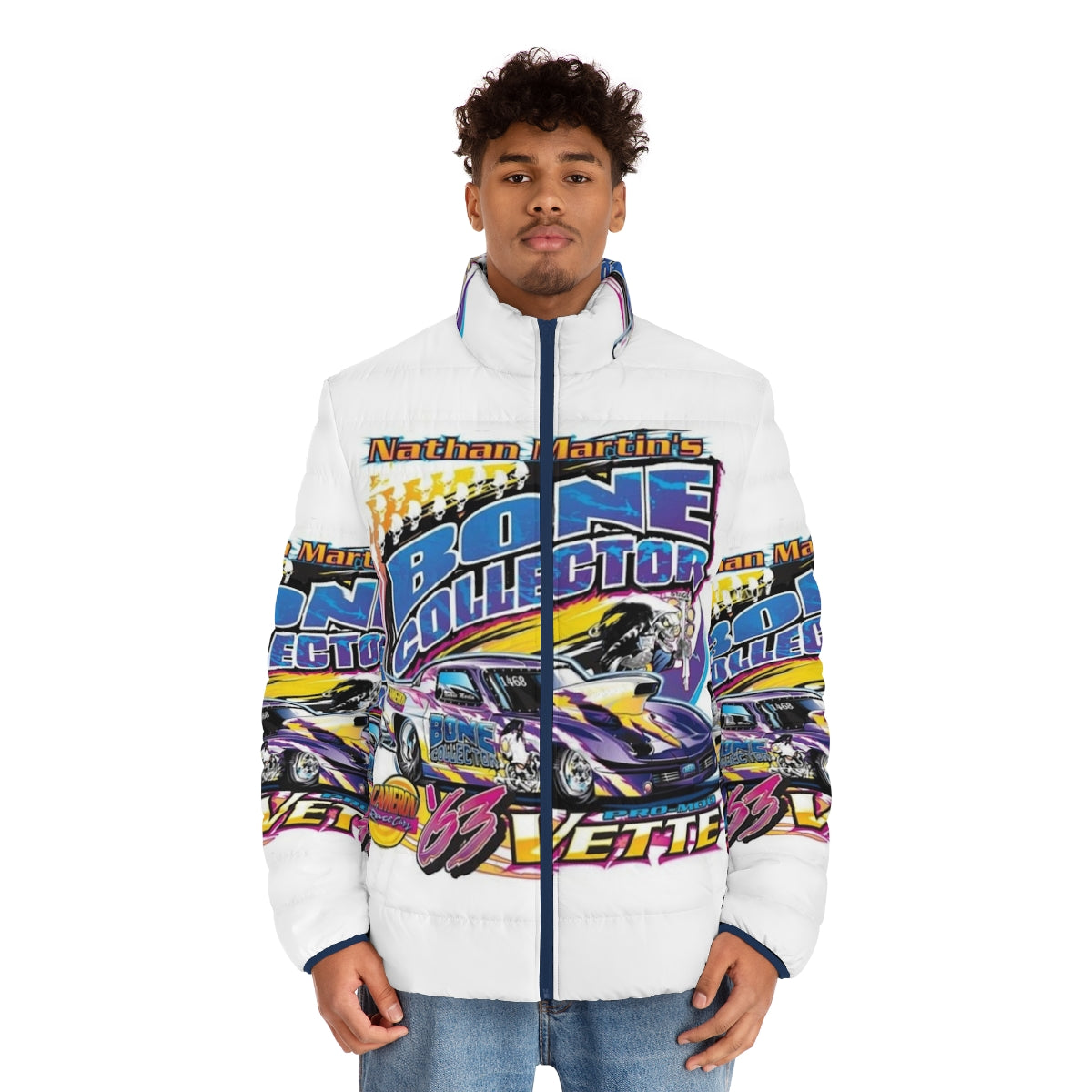 Nathan Martin's Nascar Puffer Jacket with Racing & Music Themes - men front