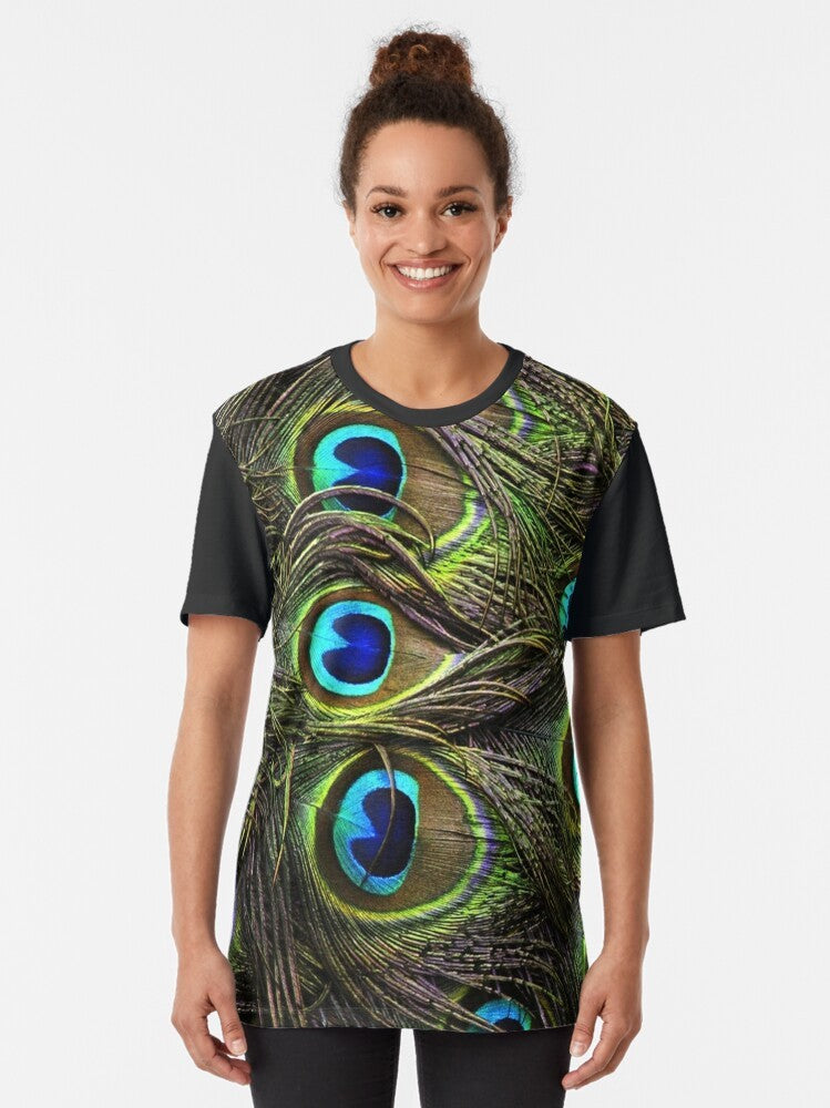 Colorful graphic t-shirt featuring a vibrant peacock feather design - Women