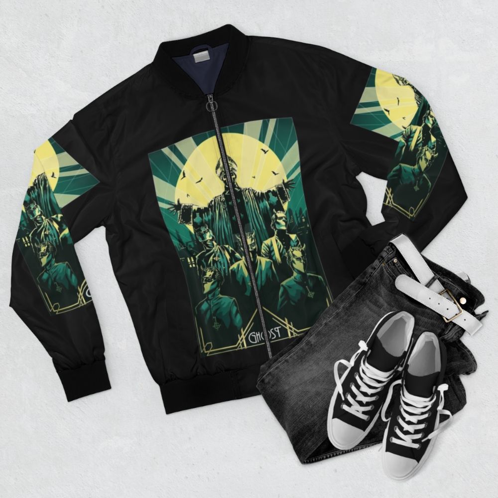 Black bomber jacket with skull print design - Flat lay