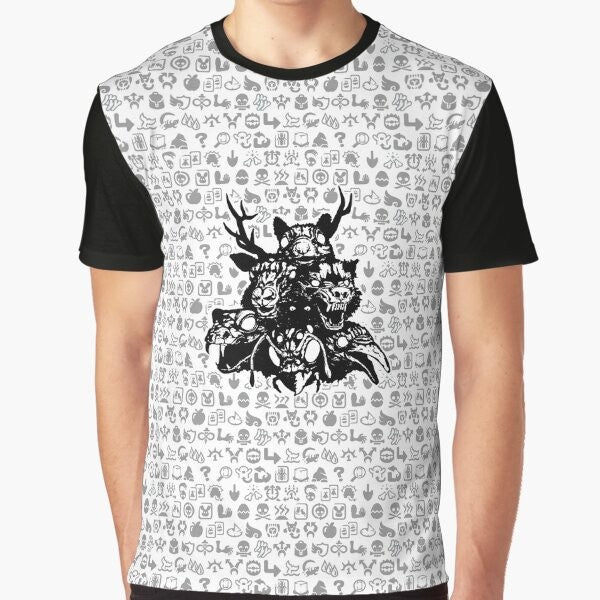 Graphic t-shirt featuring totems with animal sigils including wolf, elk, squirrel, reptile, insect, and raven