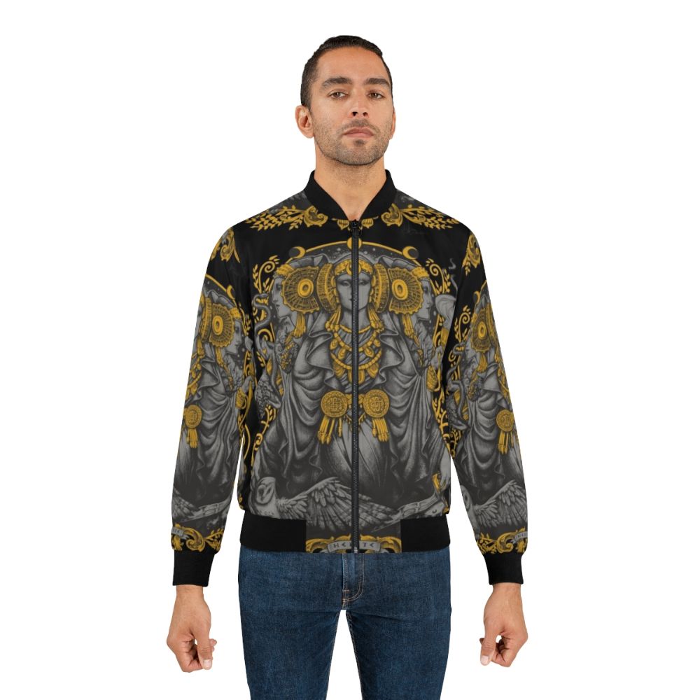 Iberian Hecate Gray Bomber Jacket with Mystical Iberian Art Influences - Lifestyle