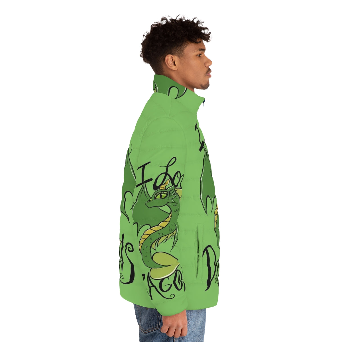 Puffer jacket with a whimsical dragon design, perfect for fantasy and animal lovers - men side right