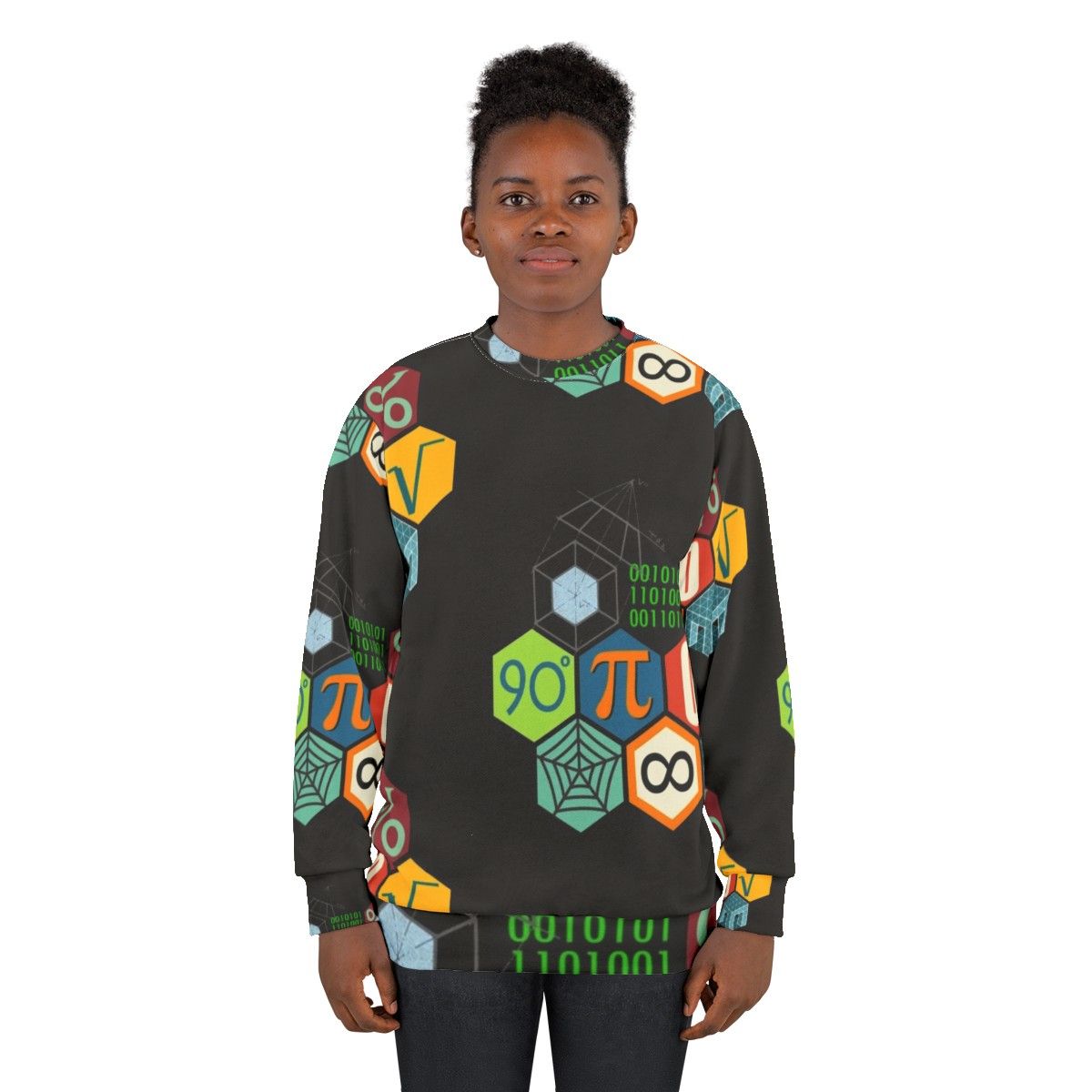 Stylish math sweatshirt with geometric designs and mathematical symbols - women