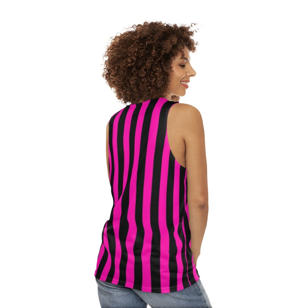 Unisex tank top in bold pink and black striped pattern - women back