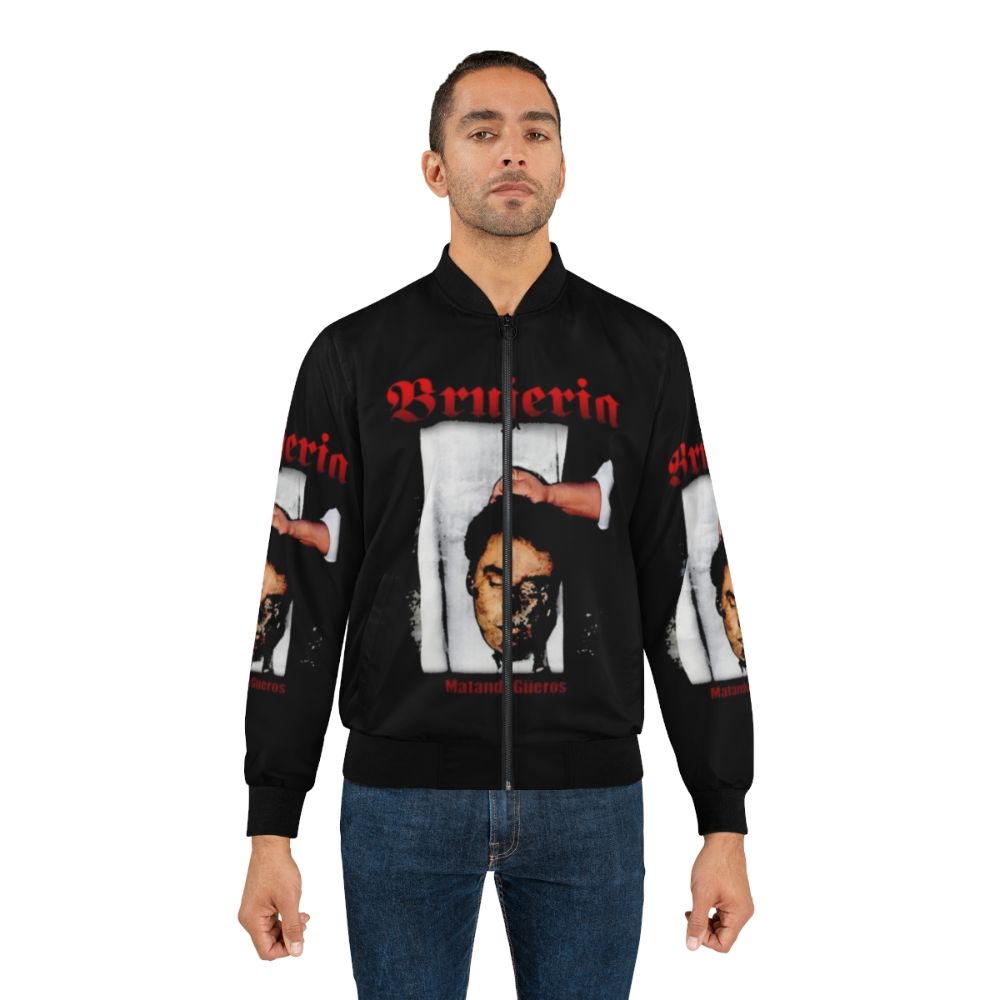 Brujeria heavy metal band logo printed on a black bomber jacket - Lifestyle