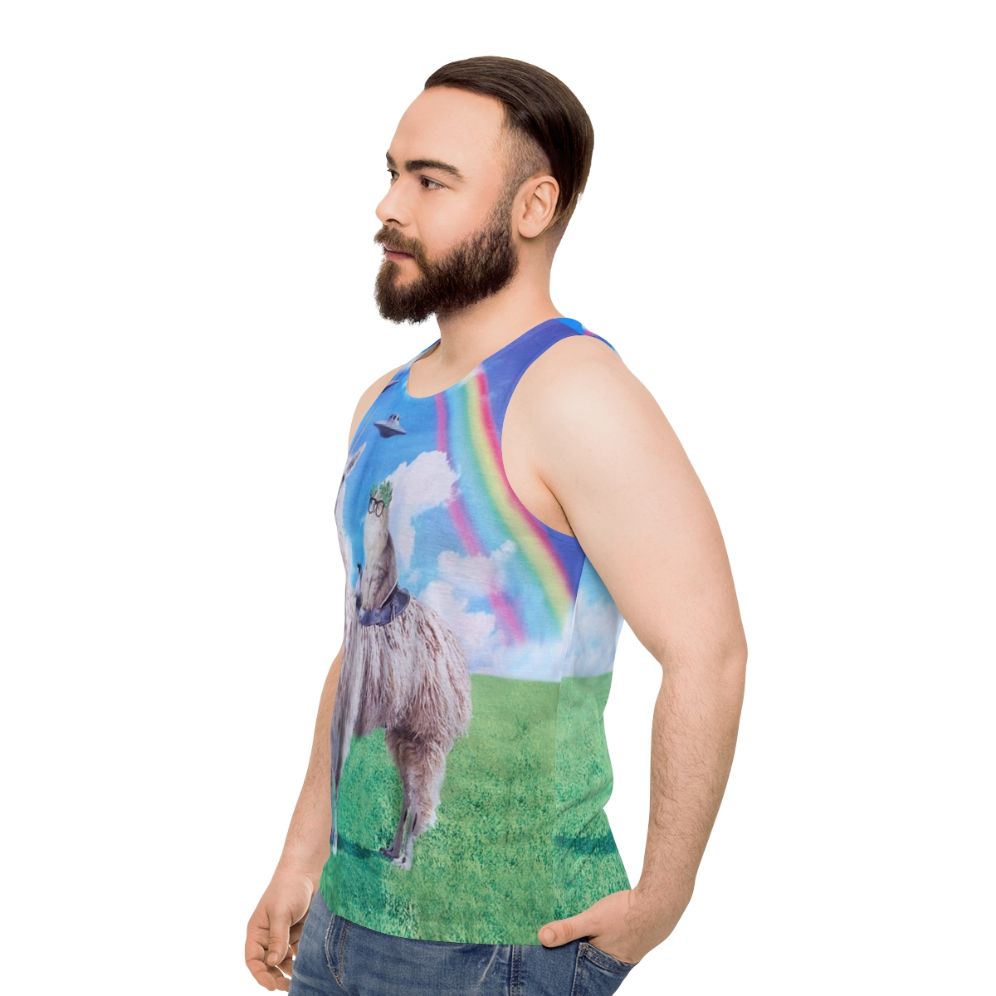 Cat riding llama unicorn with rainbow and UFO graphic tee - men side