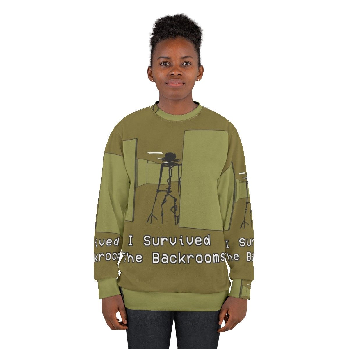 The Backrooms inspired creepy sweatshirt with horror fan art design - women