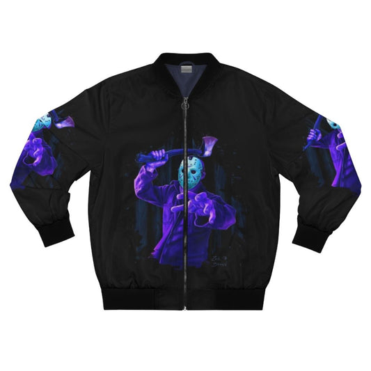 8-bit horror-inspired bomber jacket with Jason Voorhees-themed design