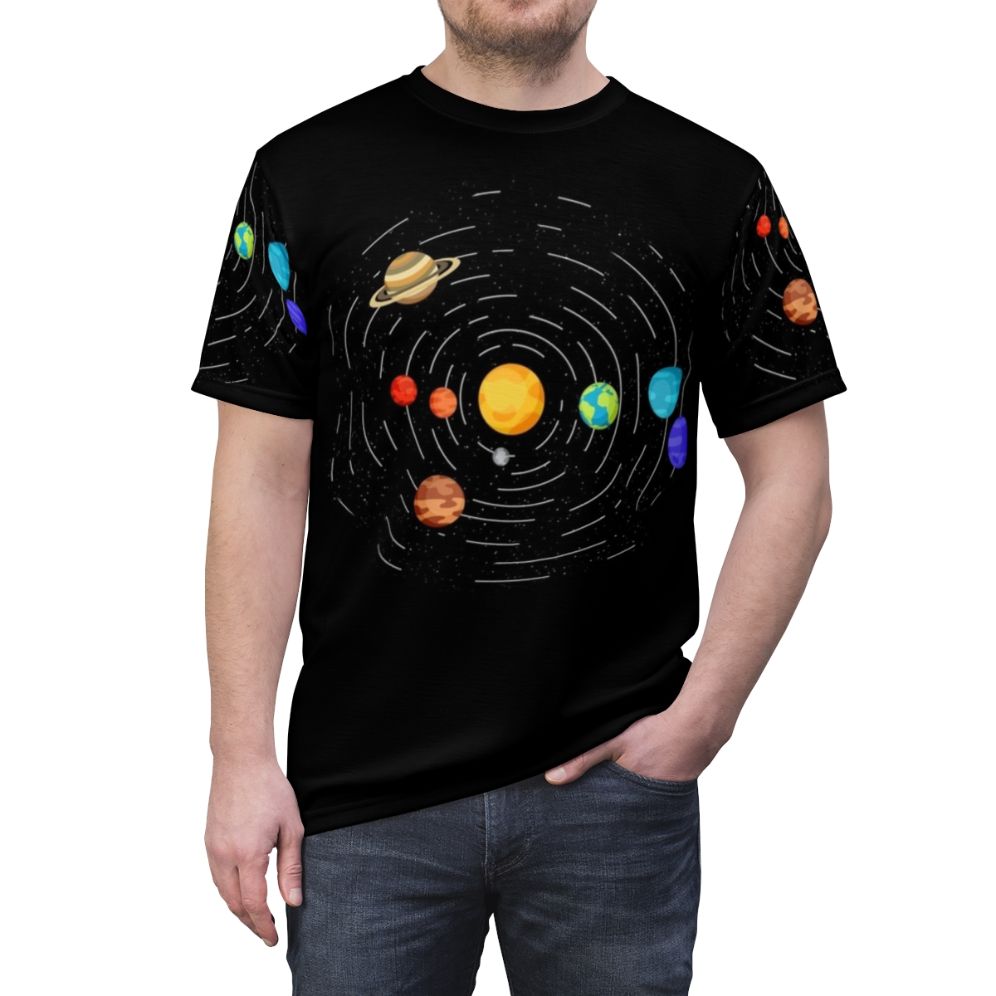 Discreet Pride Flag AOP T-Shirt featuring a minimalist, subtle design with a rainbow flag and space/planets motif. - men front