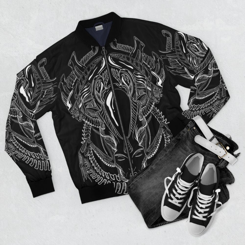 Xenomorph Alien HR Giger Retro Grappler Bomber Jacket - Flat lay