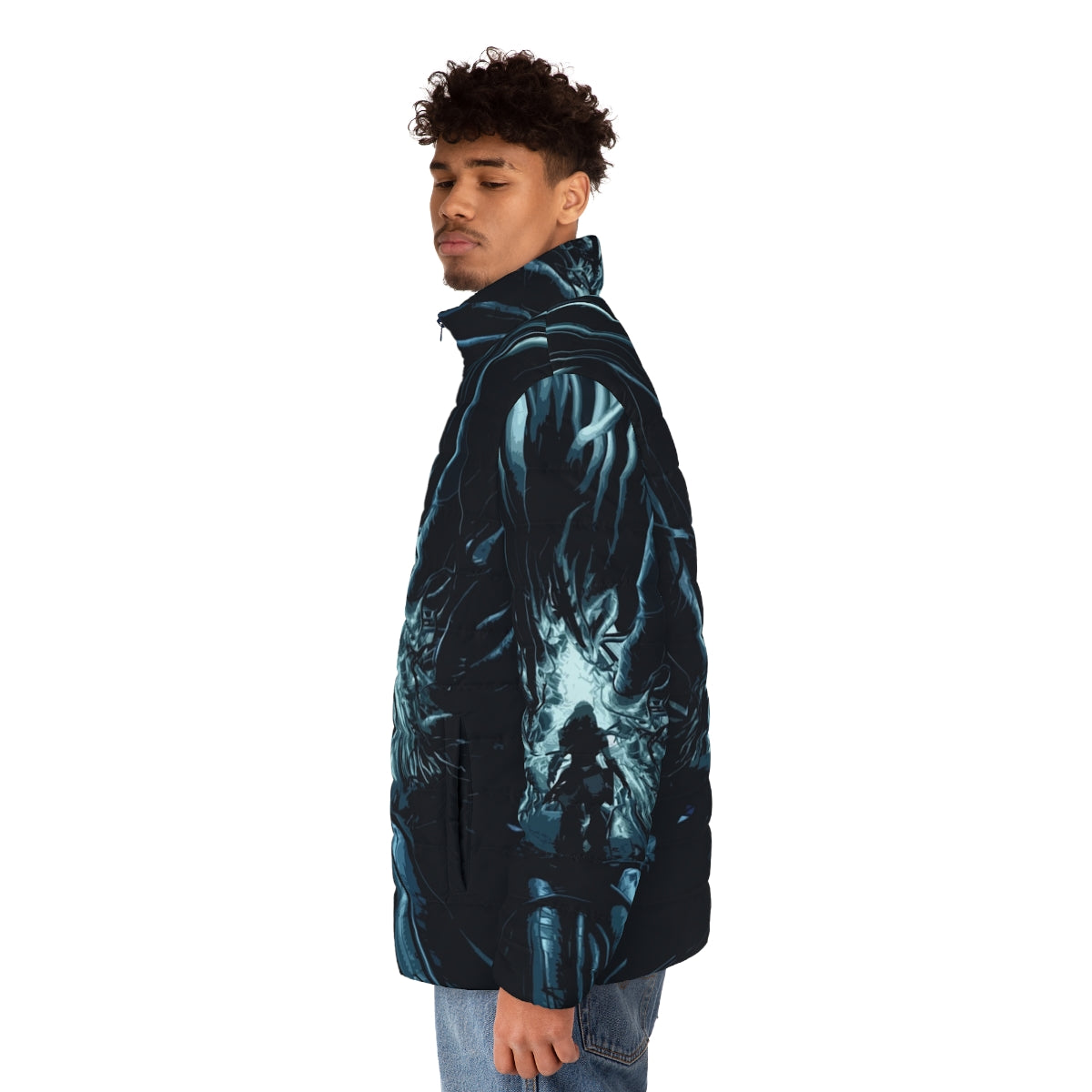 Horizon Zero Dawn Cauldron Puffer Jacket featuring a stylized mecha-inspired design - men side left